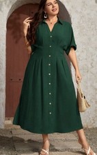 SHEIN LUNE Button Front Plicated Batwing Sleeve Shirt Dress Plus Size 3XL Green