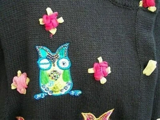 Cárdigan suéter Jack B Quick Winking Owl talla XL lentejuelas cuentas cinta verde azulado Foto 4 de 4