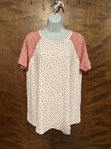 E Luna Short Sleeve Henley Swing Top Womens S Ivory & Pink Floral Knit EUC - Picture 2 of 16