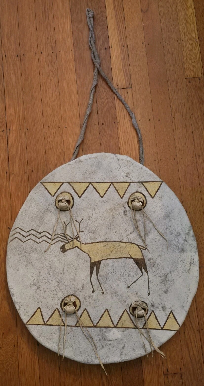 NATIVE AMERICAN CEREMONIAL LEATHER SHIELD, PAINTED "ANIMAL CLAN"  SD-0621*05689