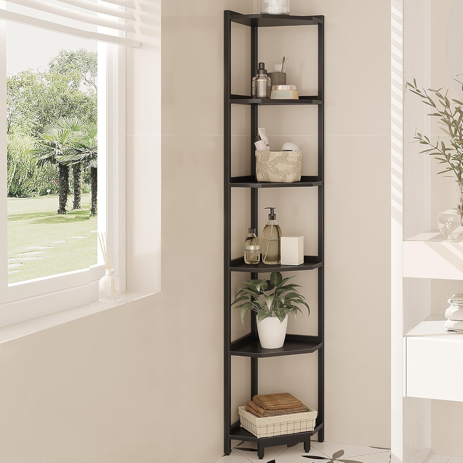 6-Tier Black Corner Shelf Stand for Storage and Books