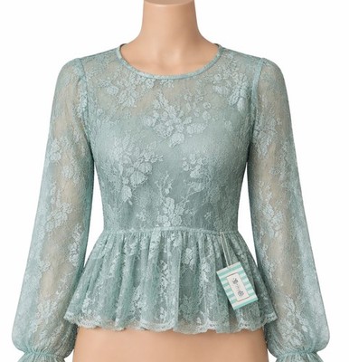 Tulip B Lace Peplum Top Womens M Sage Green Sheer Floral Keyhole Back Boho