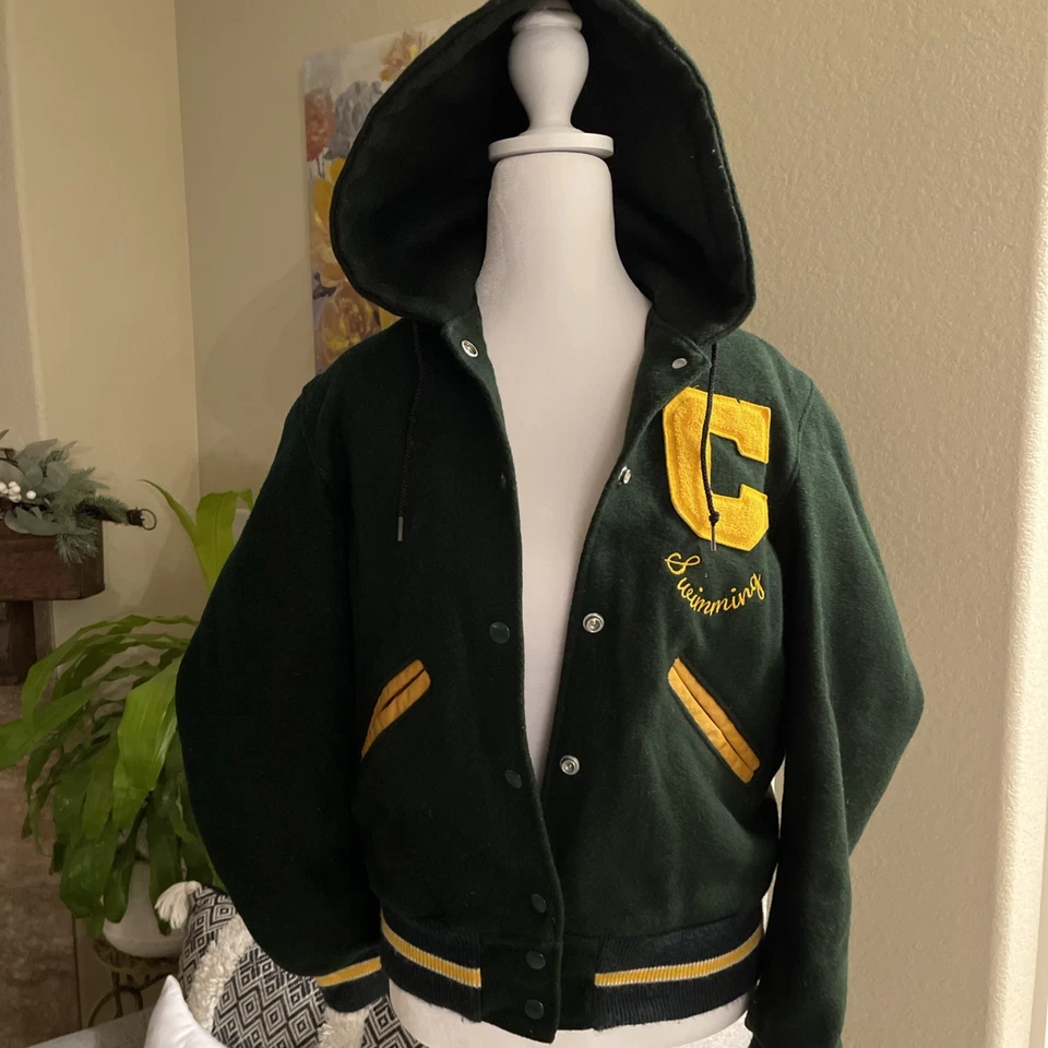 Винтажный 1980-х DeLong Sportswear Varsity письмо куртка с молнией капюшон зеленый размер S - Изображение 3 из 4