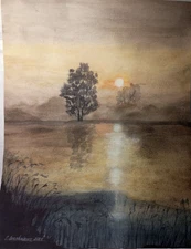 paintingoriginal watercolor nature landscape sanrise on the river morningfogtree