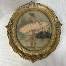 Antique Vintage Ballerina Drawing Embellished Monte Oval Wood Frame 
