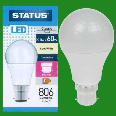 4x 8,5W = 60W Pearl Dimmbar LED GLS Bajonettverschluss BC B22 Kaltweiß 4000k 806lm