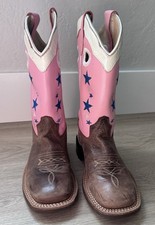 OLD WEST Girls Pink Brown Western Cowboy Boots Embroidered Stars Square Toe