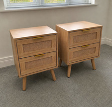 2x Wood Rattan Bedside Tables 2 Drawer Nightstands Side Cabinets Natural