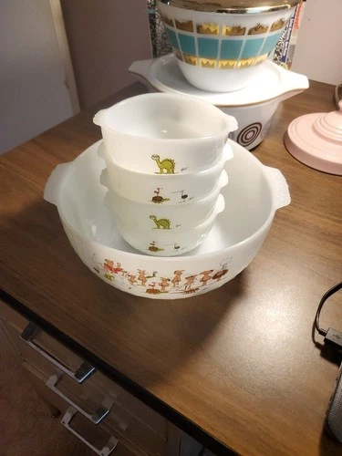 Vintage Fire-King Caveman Cartoon Mixing Bowl Set - Milk Glass - Anchor Hocking