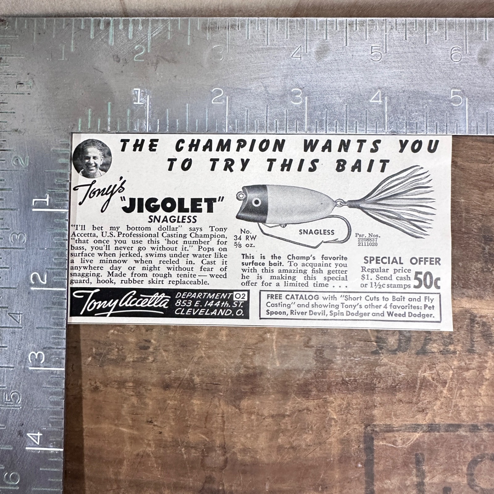 1941 Tony Accetta Jigolet Fishing Lure Vintage Print Ad Cleveland Ohio Bait