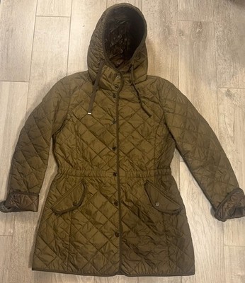 Massimo Dutti Womens Large Olive Green Brown Quilted Hooded Jacket Parka Coat