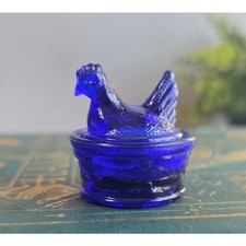 E.E. Bowman Marked Mini Hen On Nest Salt Cellar Cobalt Vintage