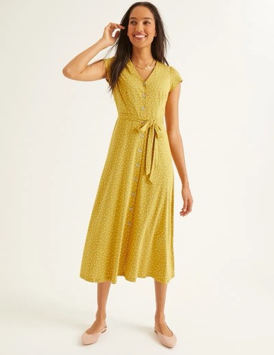 Boden Dress 6 Petite Yellow White Polka Dot Frances Jersey Midi Pockets