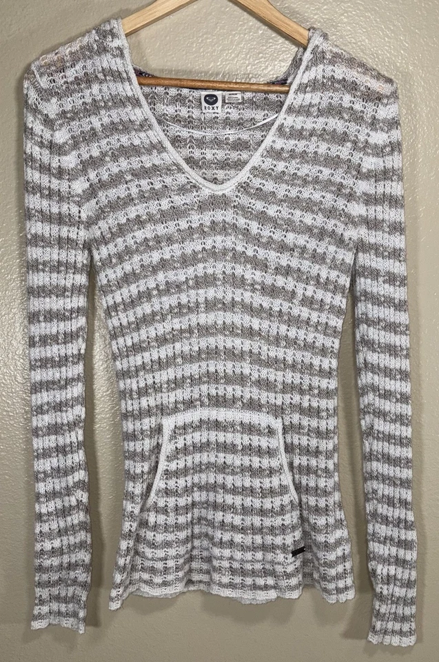 ROXY Suéter Mujer Med Off Blanco y Tostado Rayas Crochet Pullover Sudadera con Capucha Bohemio Foto 2 de 4