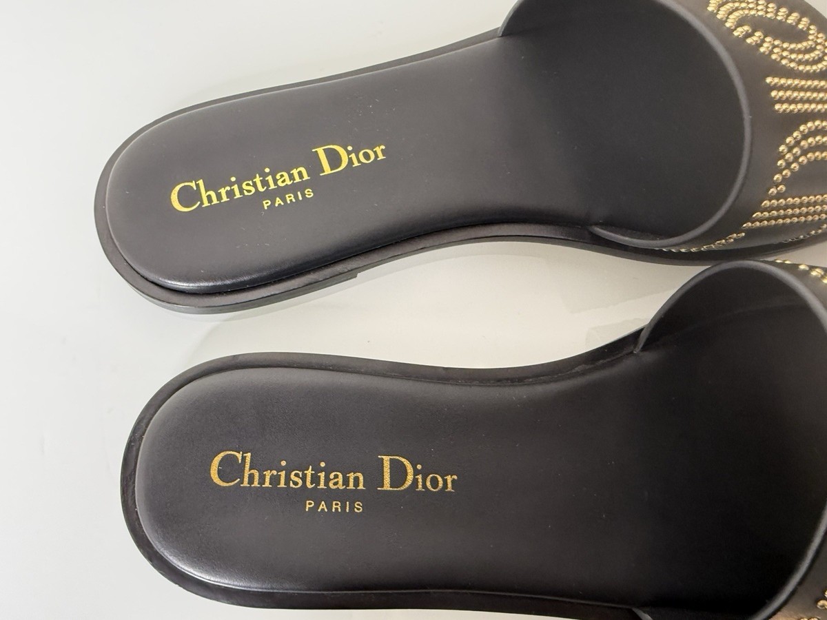 CHRISTIAN DIOR Dway Miss Dior Logo Gold Studs Black Leather Slide