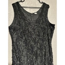 Vtg Black Beaded Lace Cocktail Dress Sleeveless Sheath Formal 1X Made in India