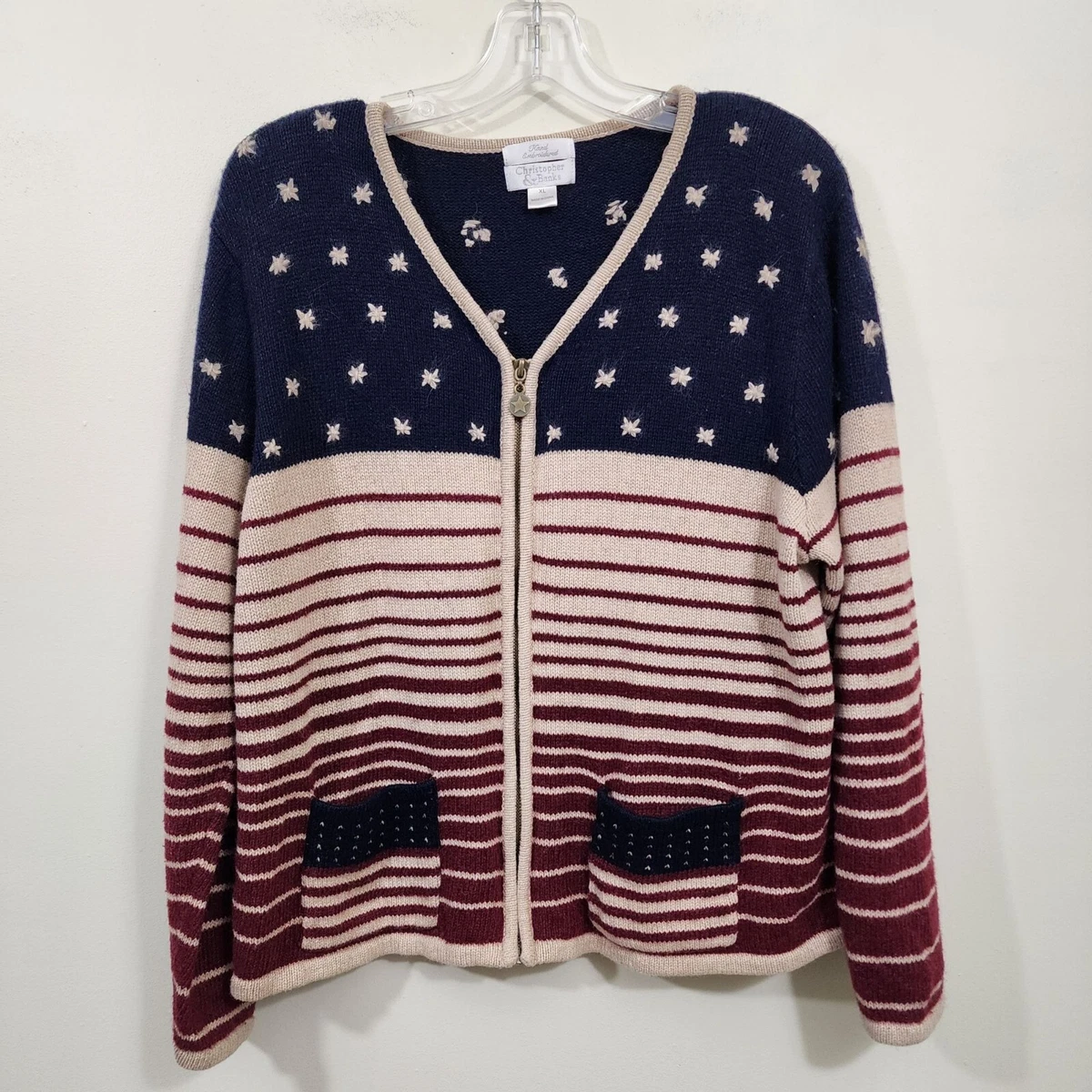 Vintage Christopher Banks stars & stripes zip front cardigan sweater size XL