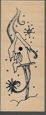 GREAT IMPRESSIONS rubber stamp CROOKED BIRD HOUSE wood mounted, Christmas