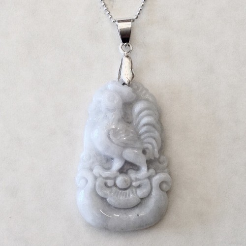 Carved Natural Jade / Rooster Design Pendant with Sterling Silver
