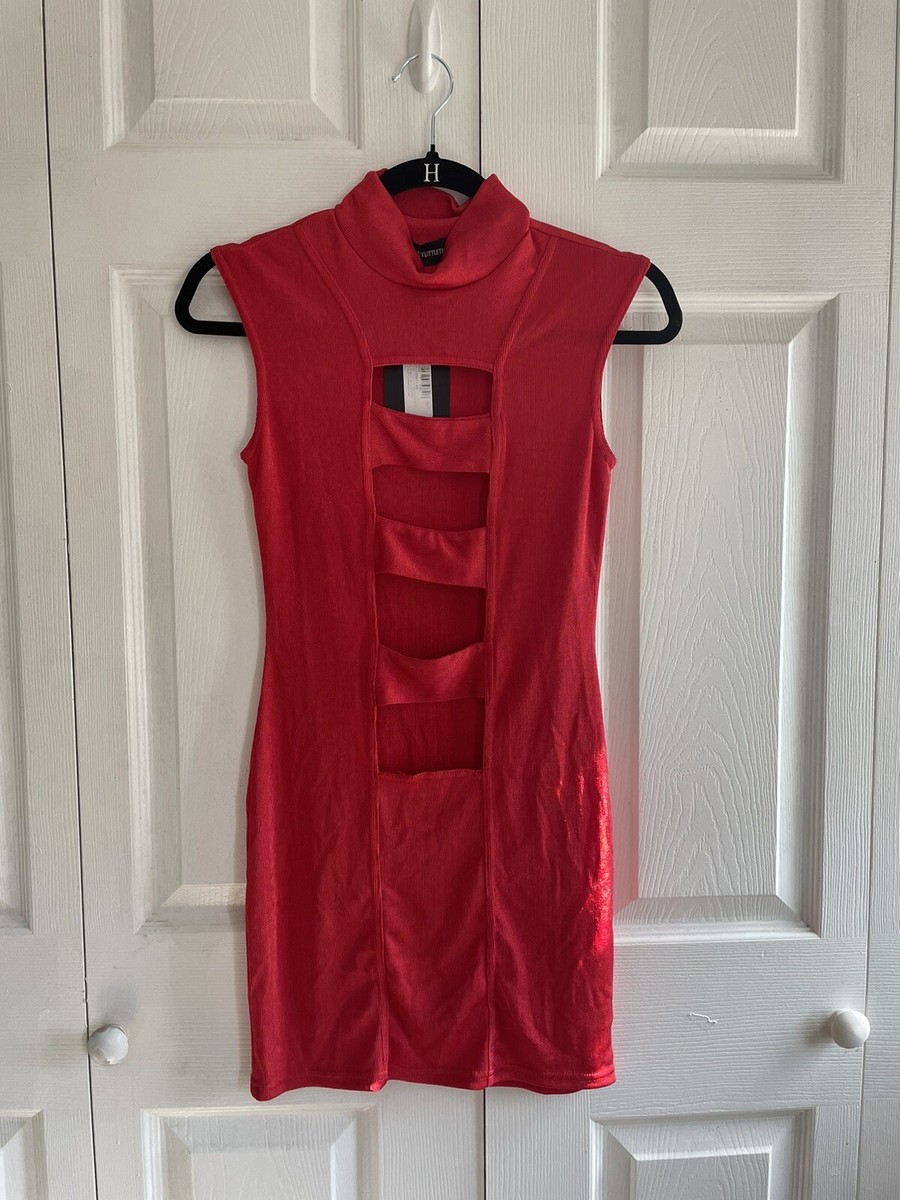 Pretty Little Thing Shape Red Slinky Cut Out Detailed Bodycon Dress Size 2  UK 6