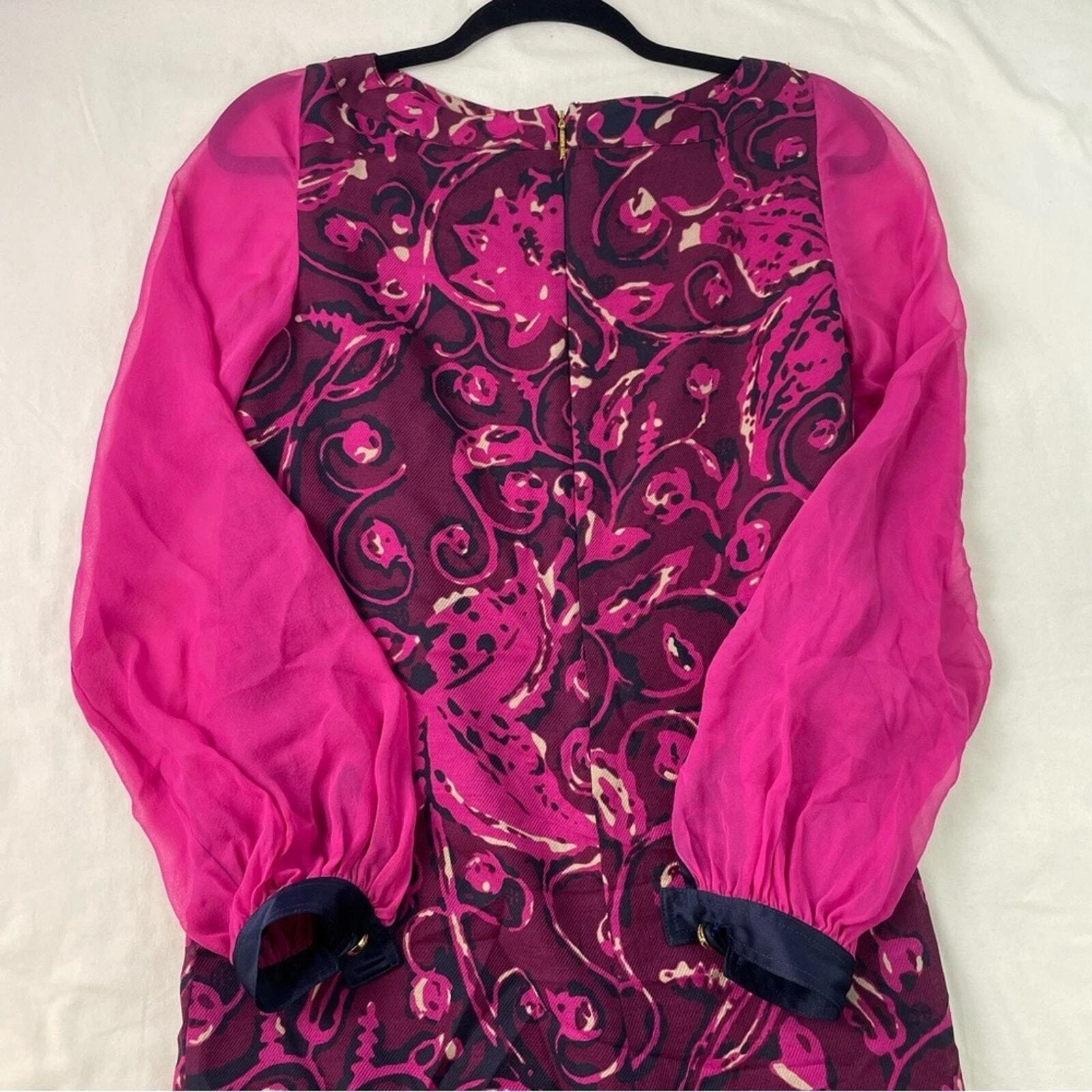 Mini abito da donna Tory Burch viola nero floreale collo puff manica lunga taglia 2