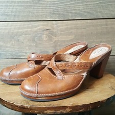 Clark's Artisan Mule Clogs Heels Vtg 7.5 Leather Upper Slip On Brown Carmel