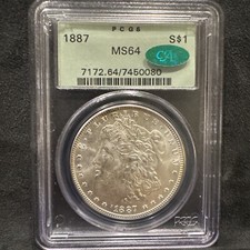 Dólar Morgan 1887 P ($1) graduación profesional MS64 CAC pequeño tóner/tonificado losa antigua