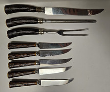 Vtg Crown Crest Sheffield England 3 Pc Carving 5 Pc Steak Knife Faux Antler