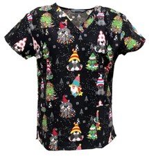 Women Fashion Halloween Christmas Medical Nursing Scrub Black Gnome Pawsmas XL