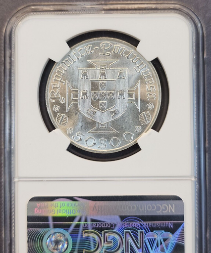 1969 PORTUGAL SILVER 50 ESCUDOS 50E VASCO DA GAMA NGC MS 64 BEAUTIFUL BRIGHT BU - Picture 2 of 3