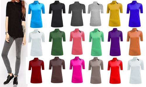 Neu Damen Polo Kurzarm Oberteil hochgeschlossen 3/4 Ärmel Rollkragen T-Shirt Oberteil - Bild 1 von 20