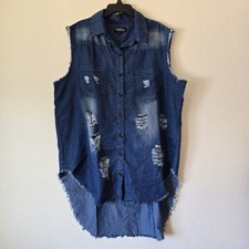 Women Plus Sz 3XL Chambray Button Up Lightweight Tunic Top HiLo Grunge Y2k Biker