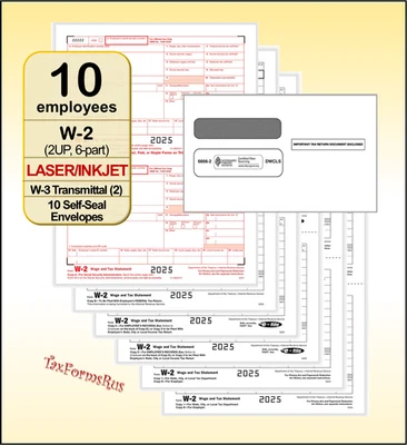 DELUXE 2025 IRS TAX FORMS KIT: W-2 Wage Stmts LASER for 10 employees+envelopes +(2)W-3