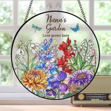Personalized Birth Flowers Stained Glass Suncatcher, Custom Nana's Garden Love