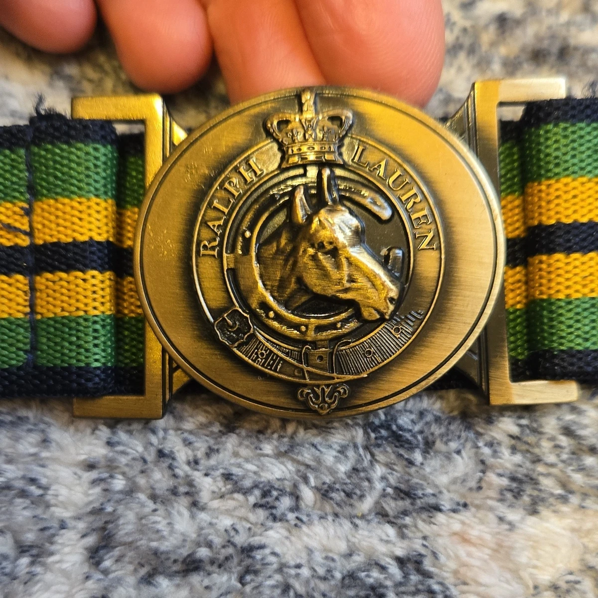Ralph Lauren Green and Yellow Striped Horse Medallion Belt RRL Double RL Ralph Lauren Solid Brass Horse Equestrian  main image 4