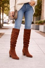 Women's Faux Leather Knee High Boots Almond Toe Brown Cottagecore Western Boho