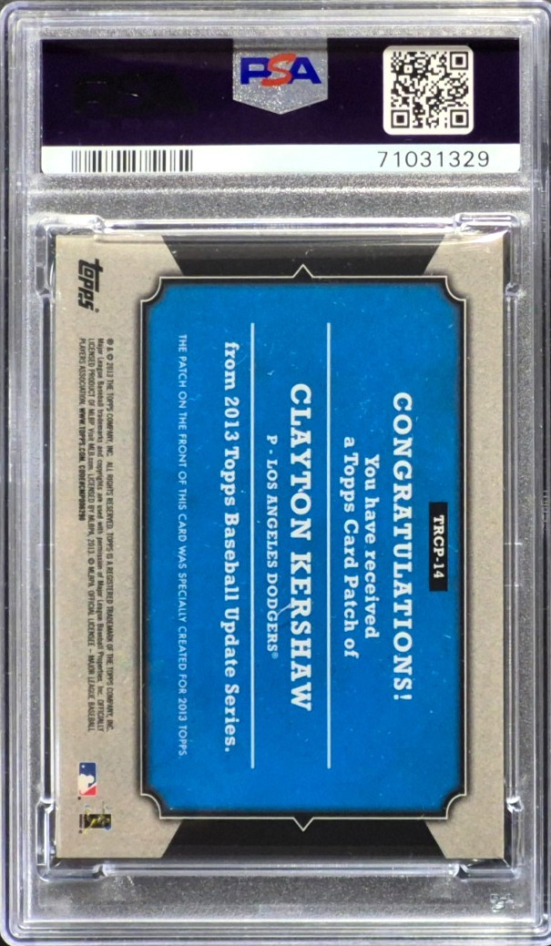 2013 Topps Update Clayton Kershaw 2008 ROOKIE CARD PATCHES Insert SP #14, PSA 6 view 2