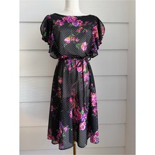 Vintage 1970s Floral Polka Dot Chiffon Dress XS Made in USA