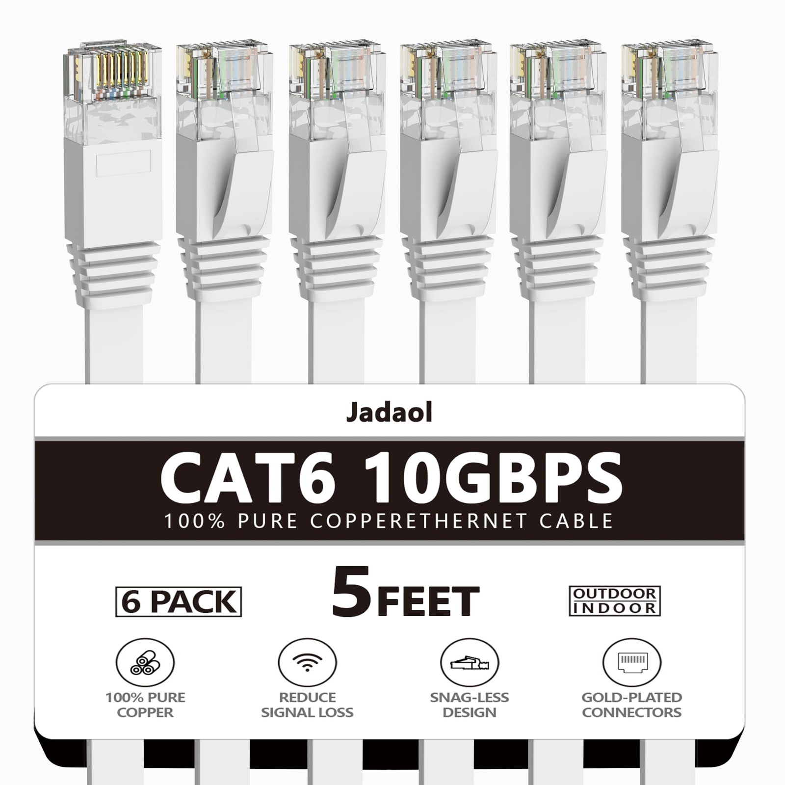 5ft Cat6 Ethernet Cable 6-Pack - 10Gbps High-Speed Flat Network Cable for Indoor Outdoor Use