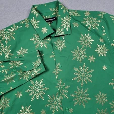 Barry Wang Shirt Men XL Green Gold Silk Blend Geometric Snowflake Designer Dress