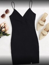 Black Slit Hem Rib Knit Wrap Over Bust Ladies Cami Slip Dress Size L 12