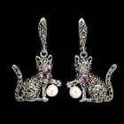 925 Sterling Silver Earrings Round Ruby Pearl Marcasite Cat Gemstone Jewelry
