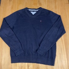 Tommy Hilfiger V-Neck Jumper Blue Cotton Logo Size M