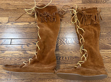 Minnetonka Boots Women Size 7 Brown Suede Knee High Moccasin Lace Up Boho