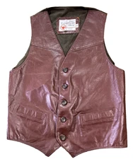 Vtg Sears The Leather Shop Brown Leather Vest Men’s 42 Western Cloth Back USA