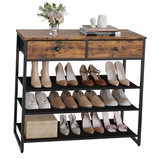 4-Tier Shoe Rack with 2 Drawers Holds 12-16 Pairs - Space-Saving Storage Organizer-image