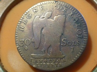 LOUIS XVI 30 SOLS AU GENIE (LAITON) 1792 I (LIMOGES) RARE 8 35gr !