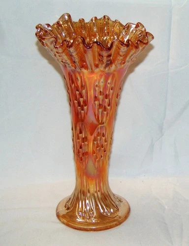 Fenton Knotted Beads Vase Iridescent Marigold Carnival Glass 8-1/2" Tall