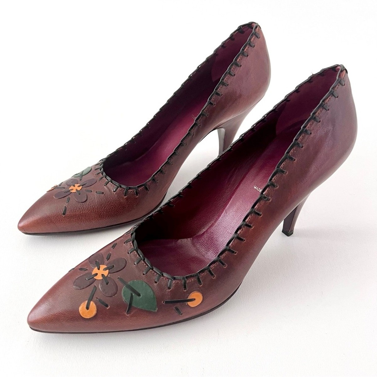 PRADA 花柄刺繍 ブラウンパンプス 中ヒール PRADA | Vintage Brown Red Leather Floral Stitch Appliqué Pointed