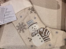 Pottery Barn Lit Embellished Christmas Quilted Ivory Stocking NWT Snowman Linen